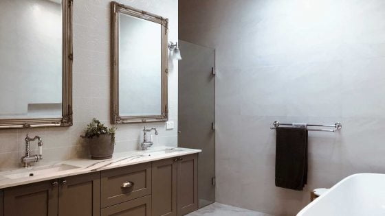 amazing builds grey bathroom with dual sink