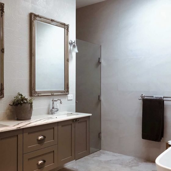 amazing builds grey bathroom with dual sink